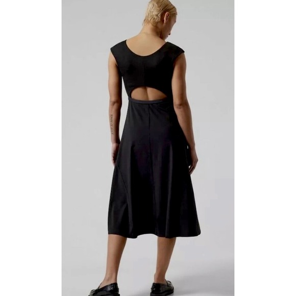 Athleta Ryder Black V-Neck Midi Dress Sleeveless Career Casual w Pockets Large - Picture 2 of 10